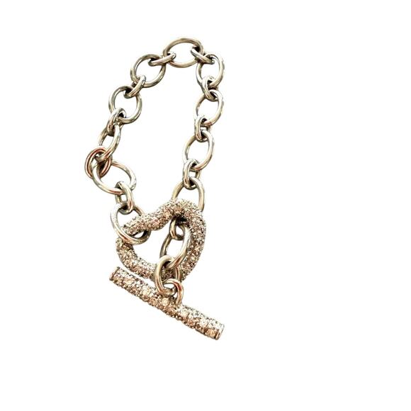 P925 Sterling Silver Chainlink Toggle Pave Heart Bracelet - Picture 1 of 7